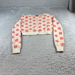 Wild Fable Pink Orange Floral Cropped Cardigan Sweater Womens Medium Knit Button